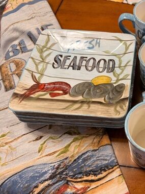 Set of 4 Kate McRostie Seafood Plates 9”  Beach Ocean Buffet Dinner Plates Rare